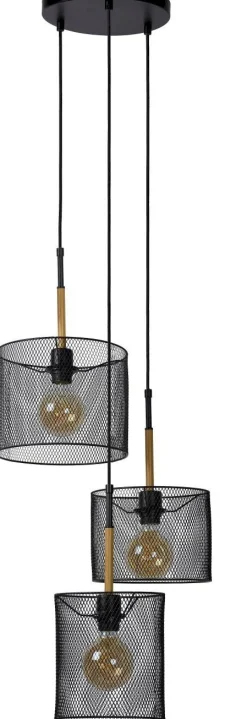 Industriële Hanglampen|Industriële Hanglampen-Lucide Baskett Hanglamp Zwart, Naturel