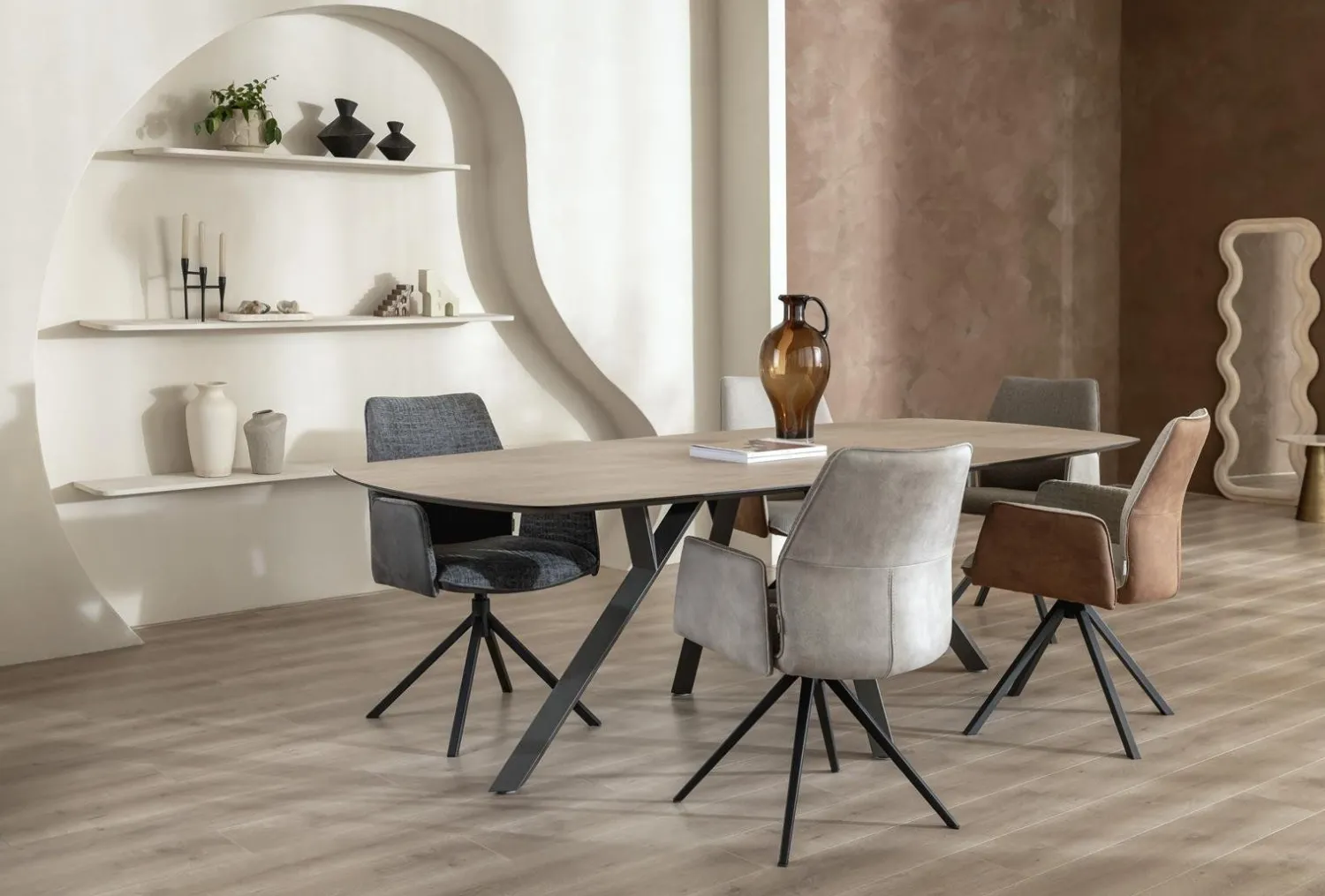 Eetkamerstoelen Met Armleuning-XOOON Franky Draaibaar Eetkamerstoel Cognac, Ecru