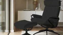 Leren Fauteuils|Design Fauteuils-Stressless London Low Back + hocker Relaxfauteuil Zwart