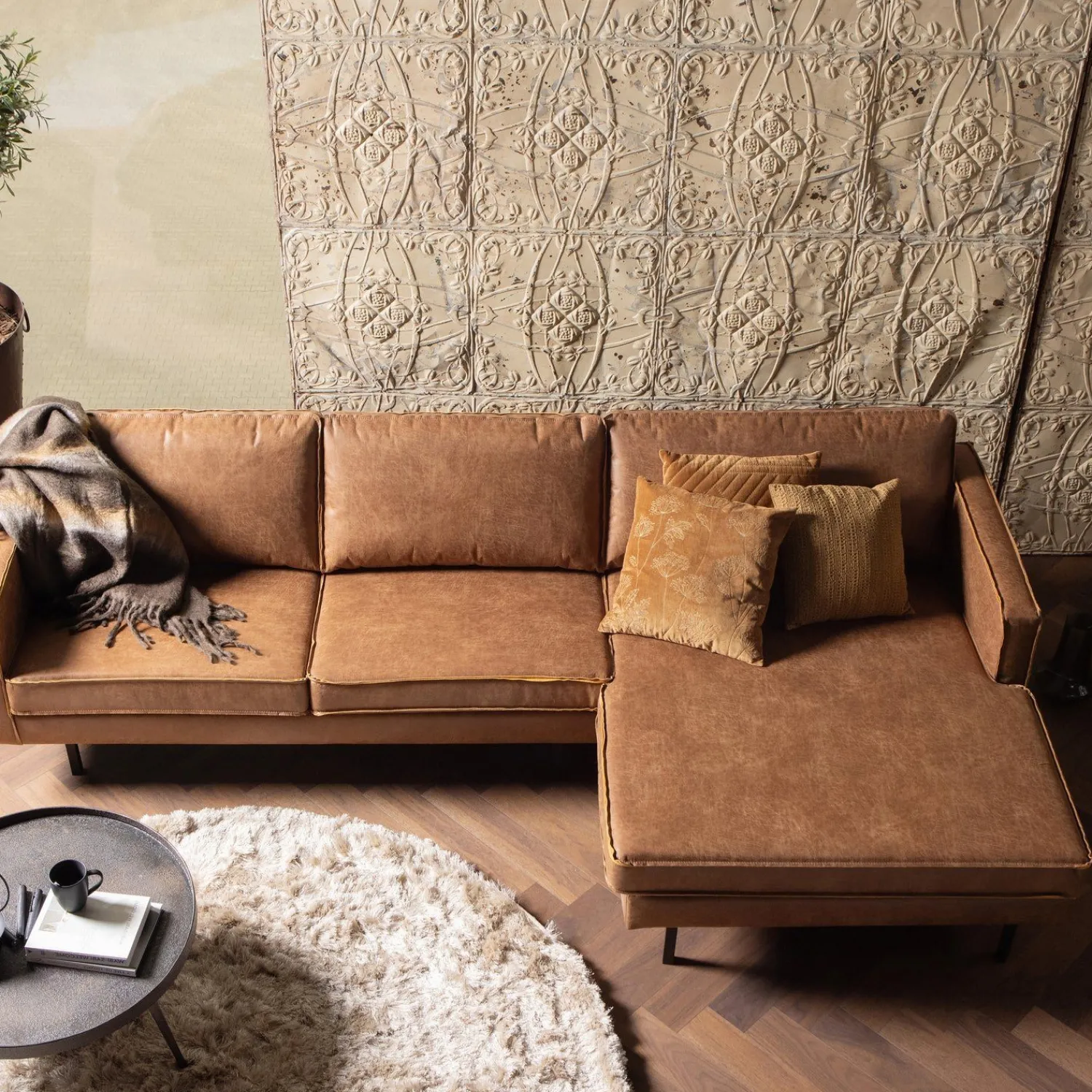 Hoekbanken-WOOOD Rodeo Rechts Loungebank Cognac