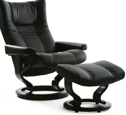 Leren Fauteuils|Relaxfauteuils-Stressless Wing Relaxfauteuil + Hocker Zwart