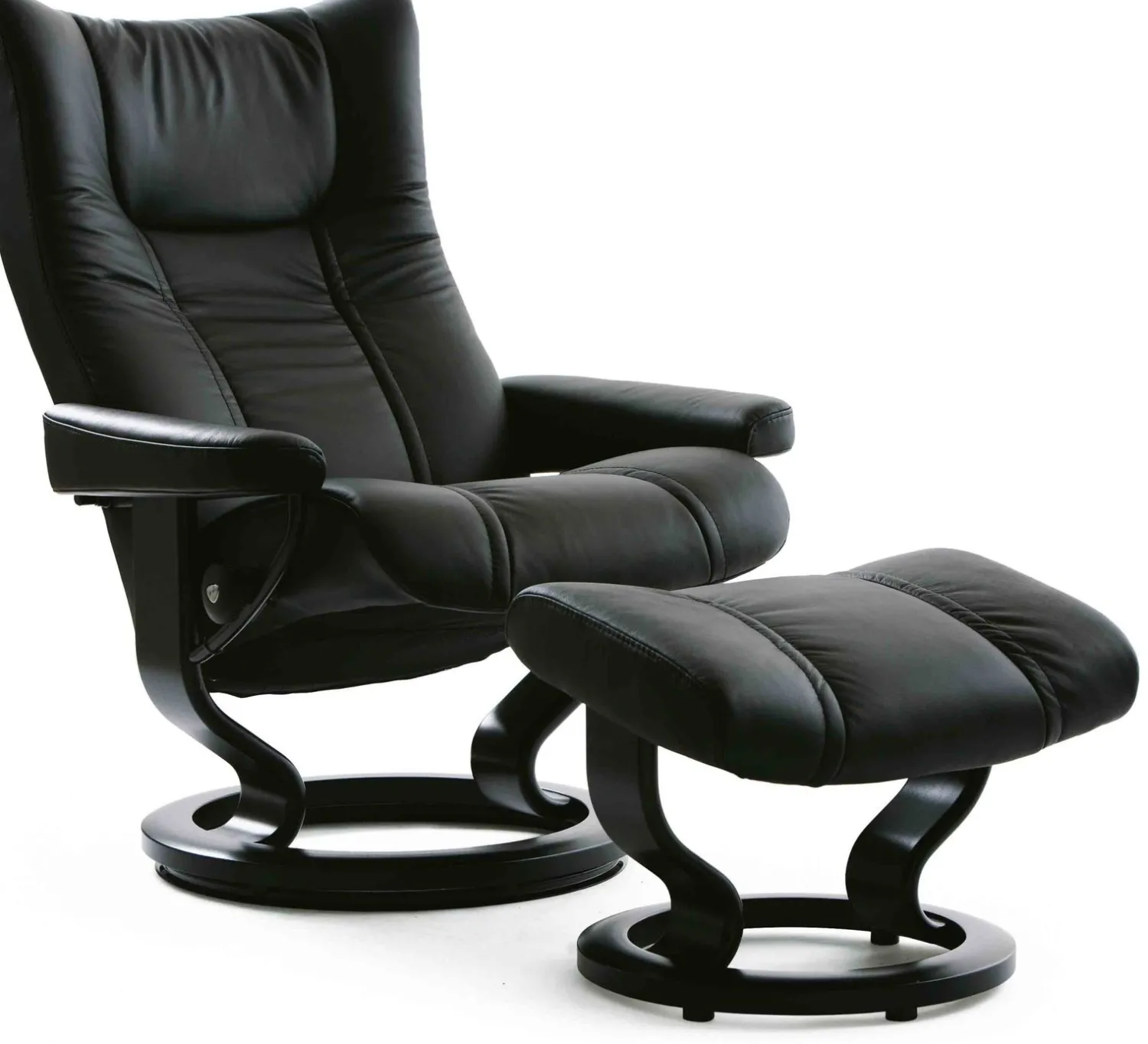 Leren Fauteuils|Relaxfauteuils-Stressless Wing Relaxfauteuil + Hocker Zwart