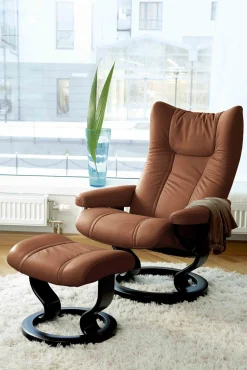 Leren Fauteuils|Relaxfauteuils-Stressless Wing Relaxfauteuil + Hocker Zwart