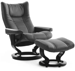 Leren Fauteuils|Relaxfauteuils-Stressless Wing Relaxfauteuil + Hocker Zwart
