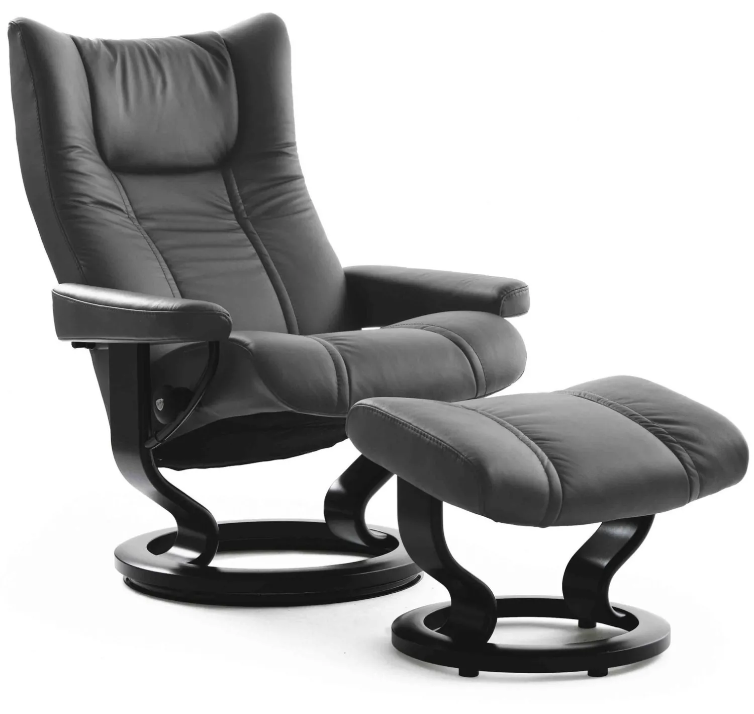 Leren Fauteuils|Relaxfauteuils-Stressless Wing Relaxfauteuil + Hocker Zwart