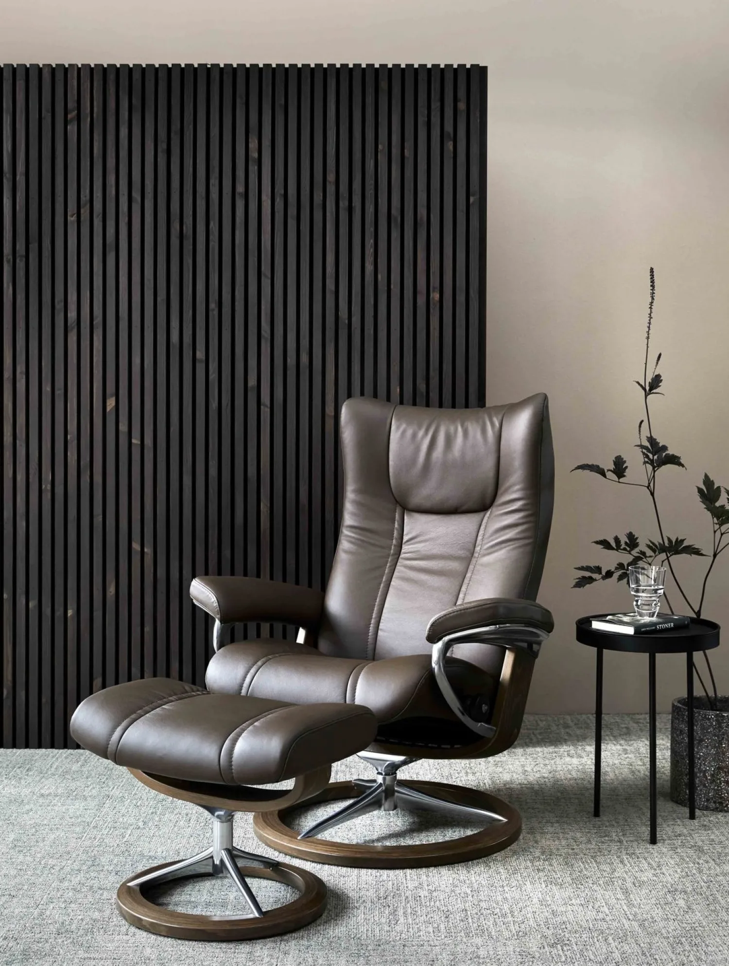 Leren Fauteuils|Relaxfauteuils-Stressless Wing Relaxfauteuil + Hocker Zwart