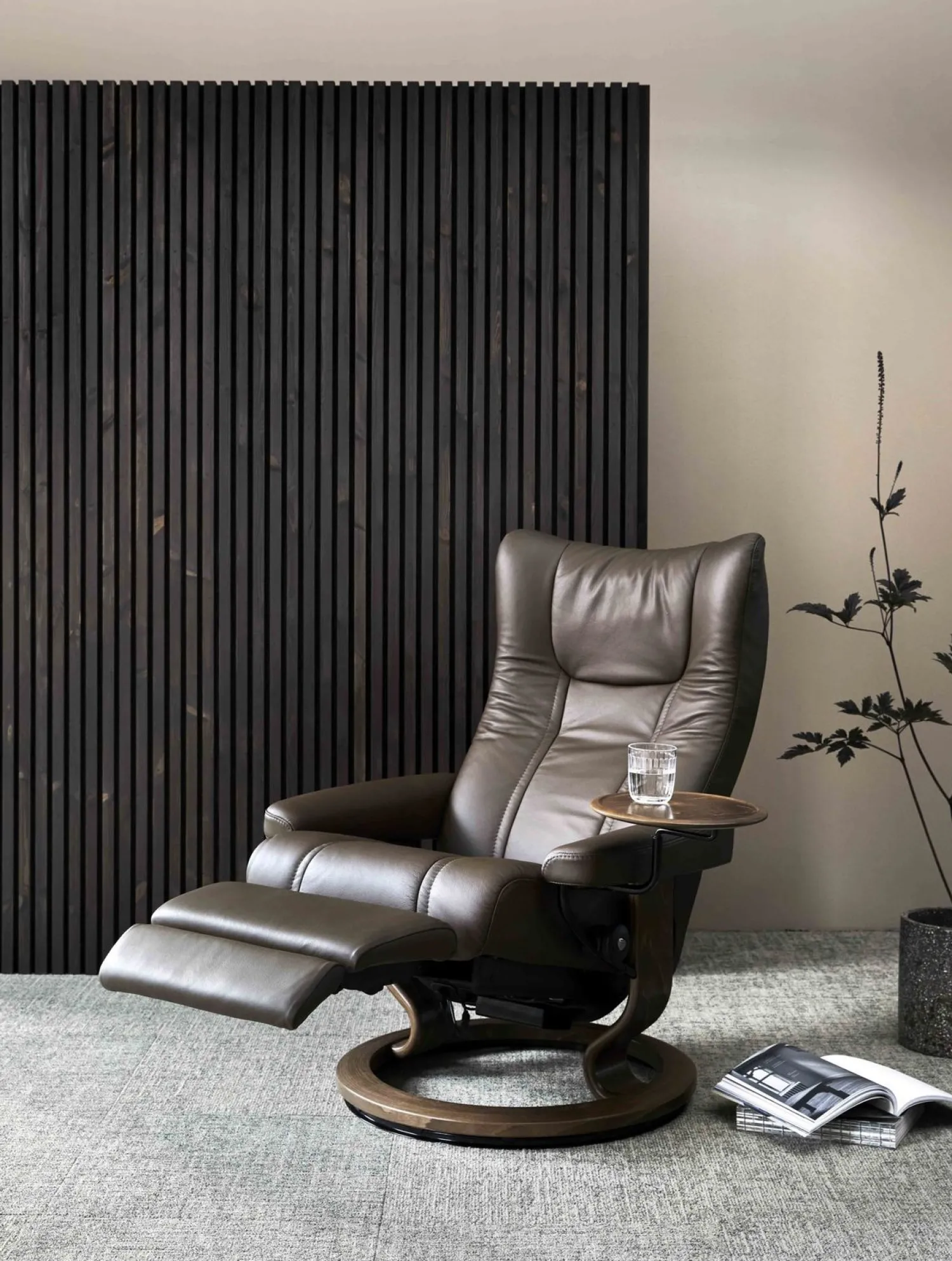Leren Fauteuils|Relaxfauteuils-Stressless Wing Relaxfauteuil + Hocker Zwart